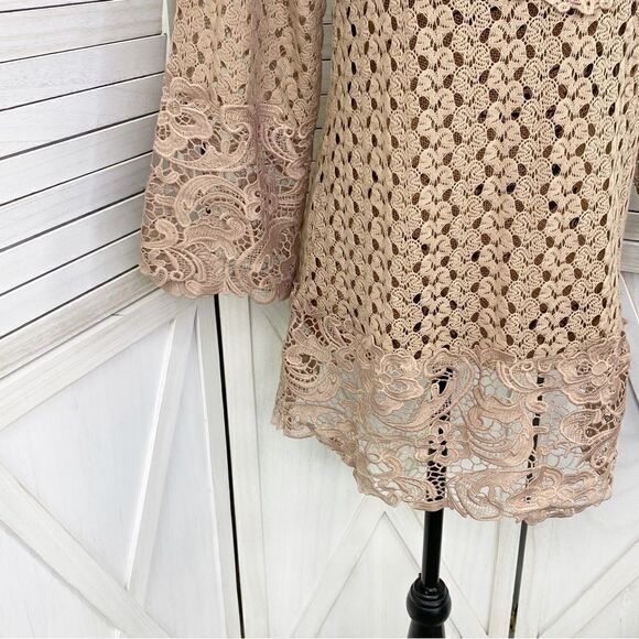 Kori Boho Cottagecore Crochet‎ Lace Hems Bell Sleeve Tunic Top Mocha Tan Small - Picture 7 of 14